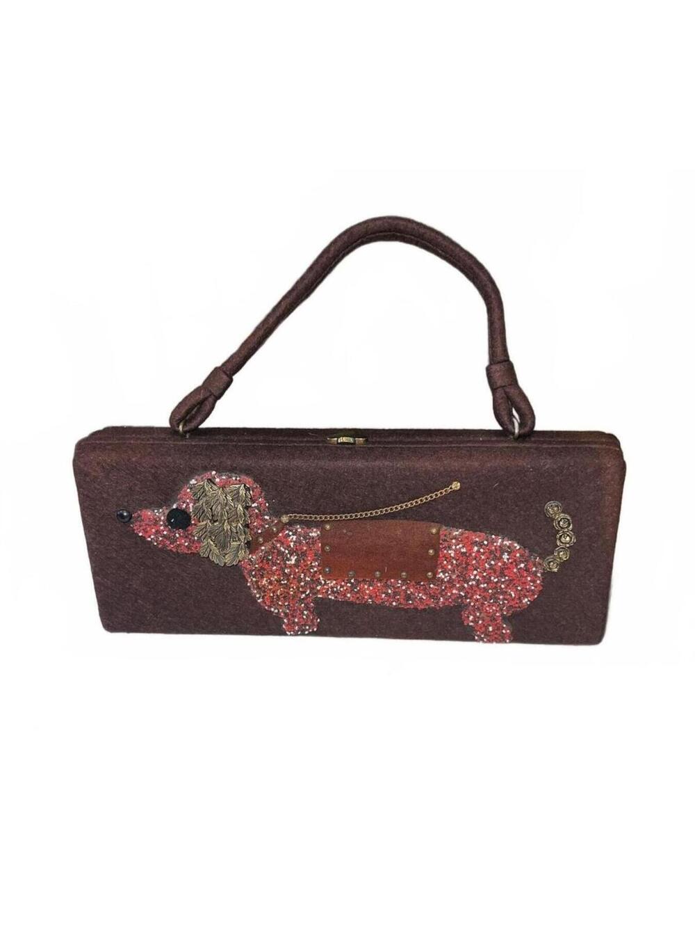 Vintage 60s Brown Dachshund Sequined Felt Purse Whimsical Coquette Boho Handbag